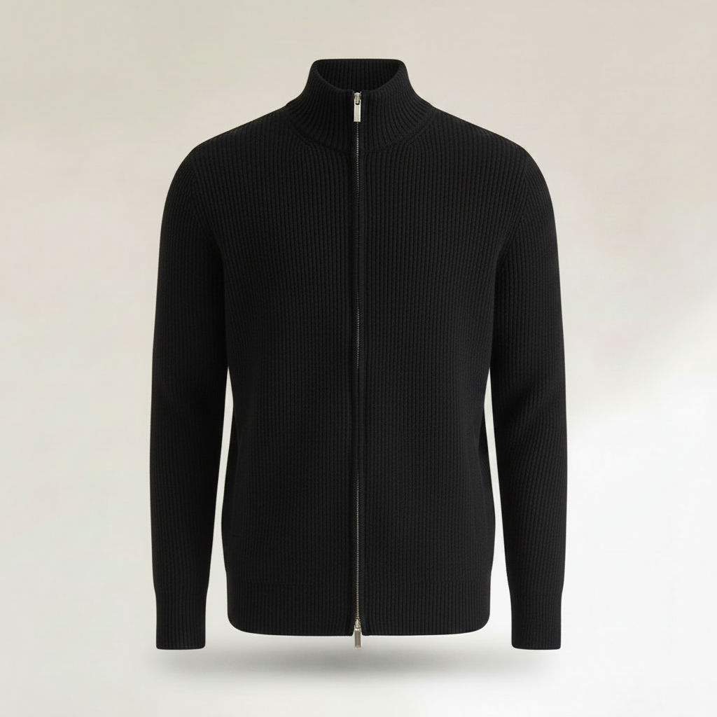 Men's Black Zip Up Cardigan | Slim Fit Ribbed Knit Sweater
