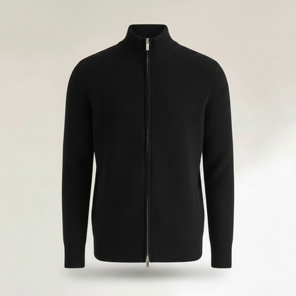 Men's Black Zip Up Cardigan | Slim Fit Ribbed Knit Sweater