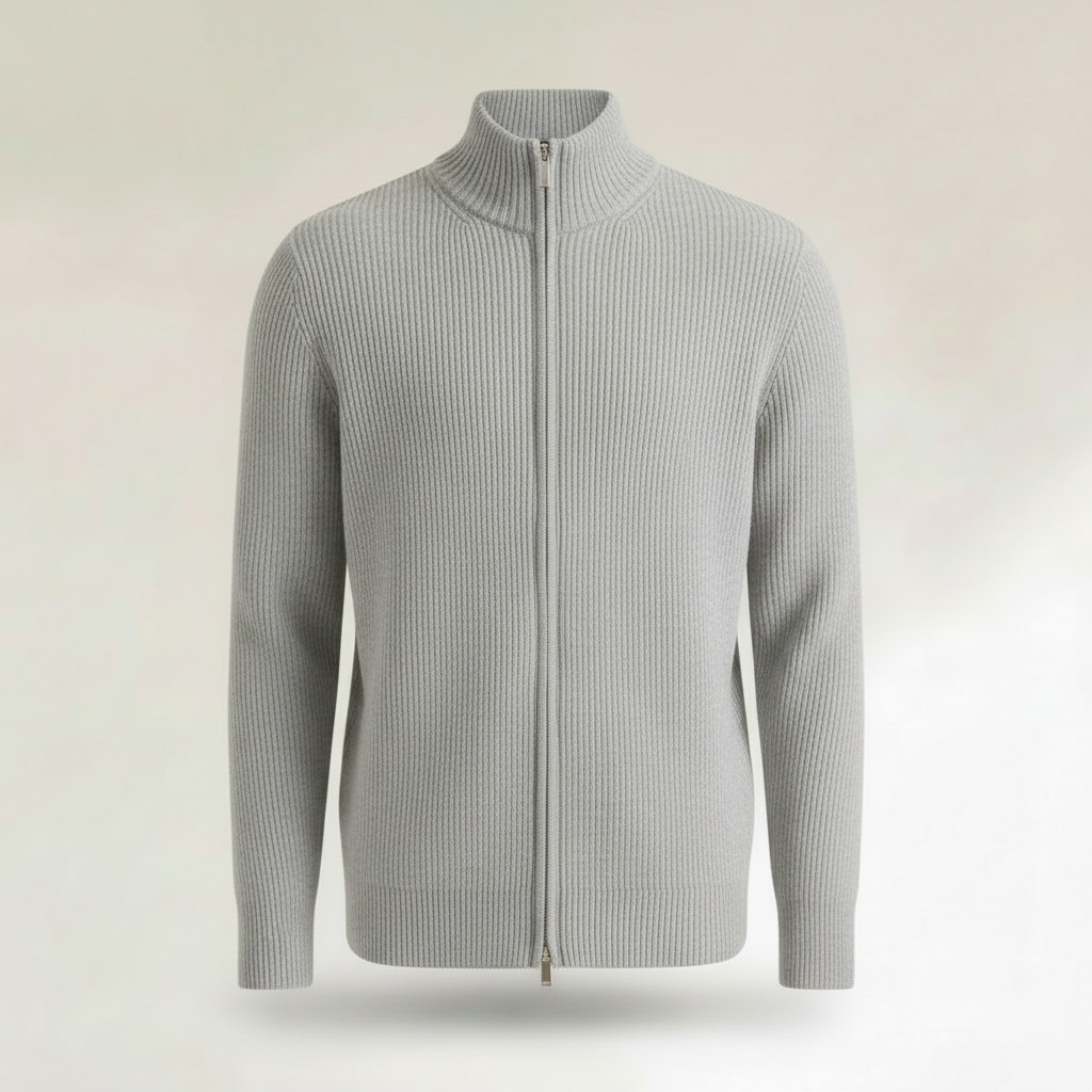 Men's Black Zip Up Cardigan | Slim Fit Ribbed Knit Sweater