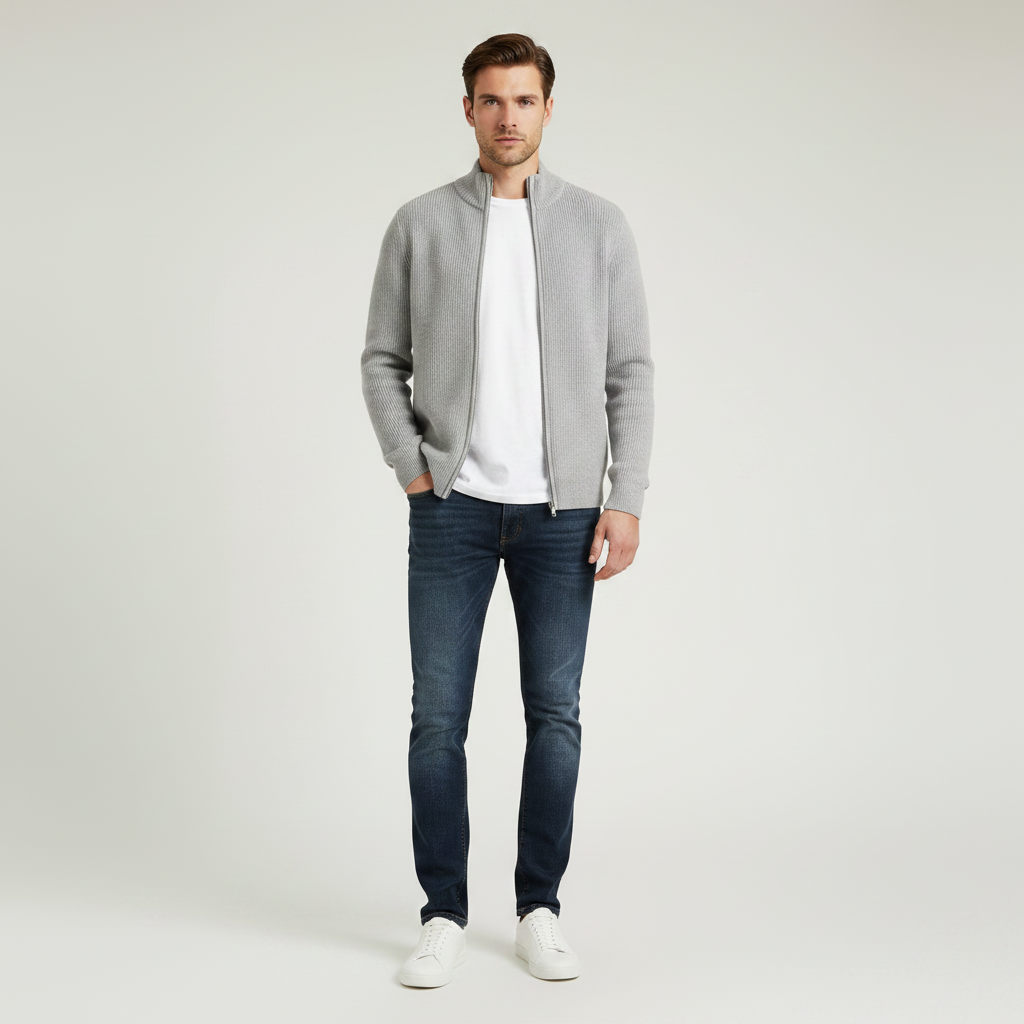 Men's Black Zip Up Cardigan | Slim Fit Ribbed Knit Sweater
