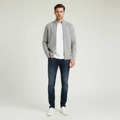 Men's Black Zip Up Cardigan | Slim Fit Ribbed Knit Sweater