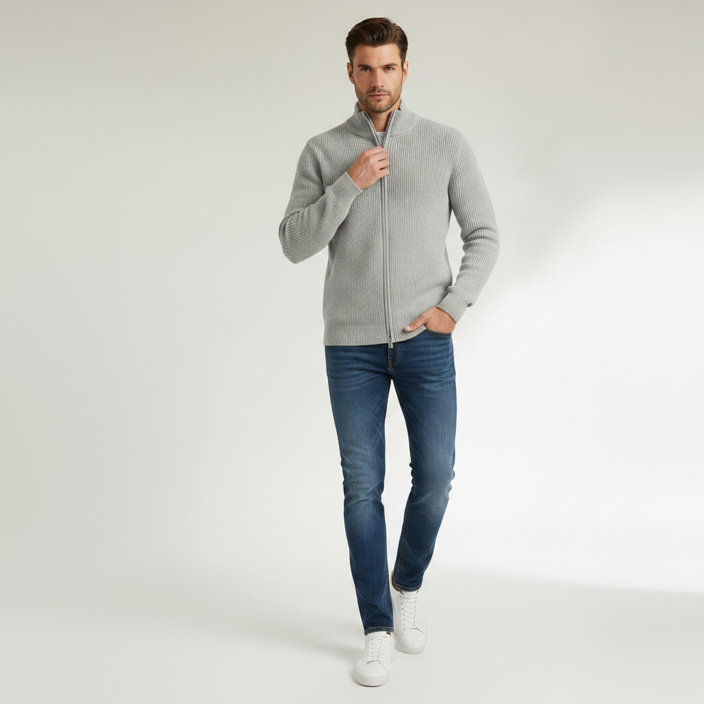 Men's Black Zip Up Cardigan | Slim Fit Ribbed Knit Sweater