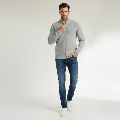Men's Black Zip Up Cardigan | Slim Fit Ribbed Knit Sweater