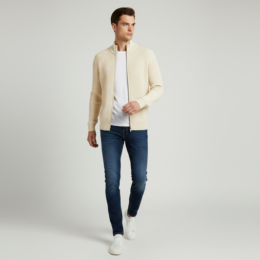 Men's Black Zip Up Cardigan | Slim Fit Ribbed Knit Sweater