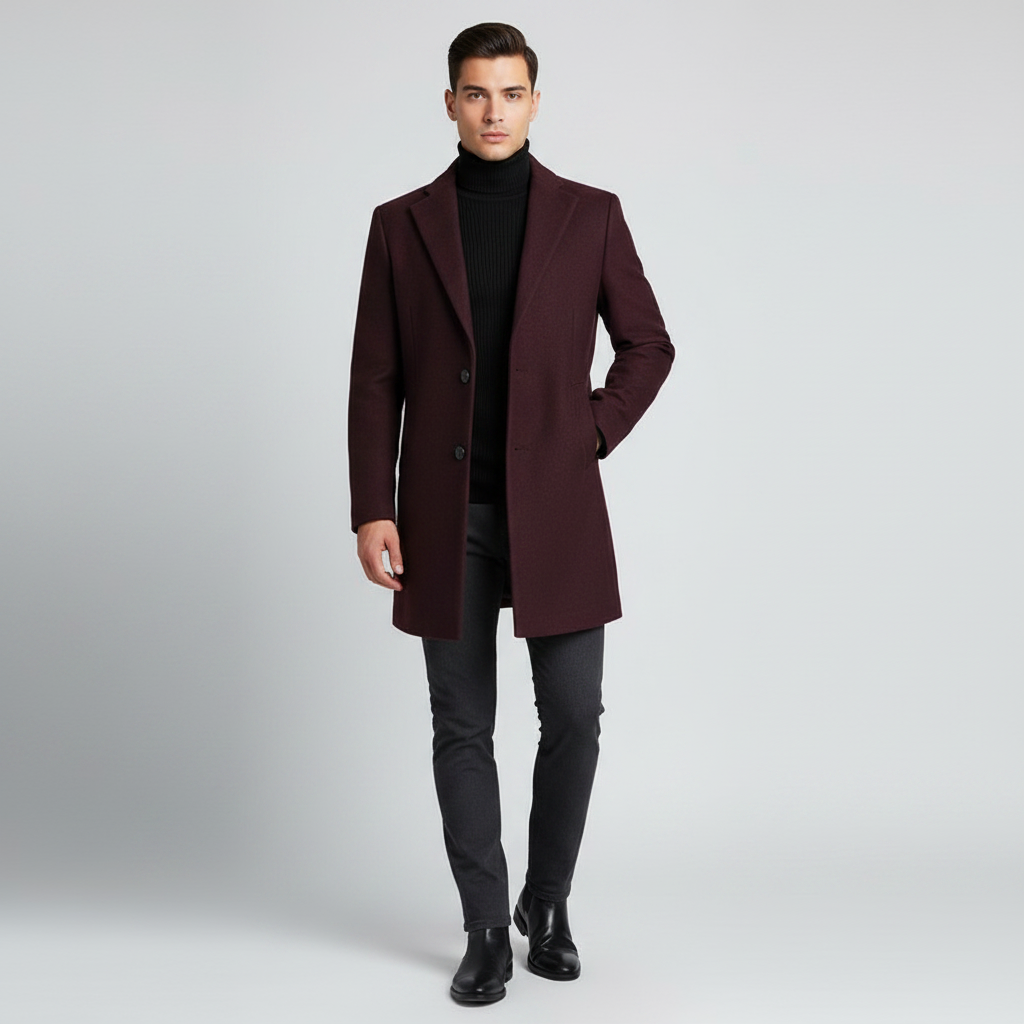Men's Long Coat with Notched Lapel | Men's Overcoat