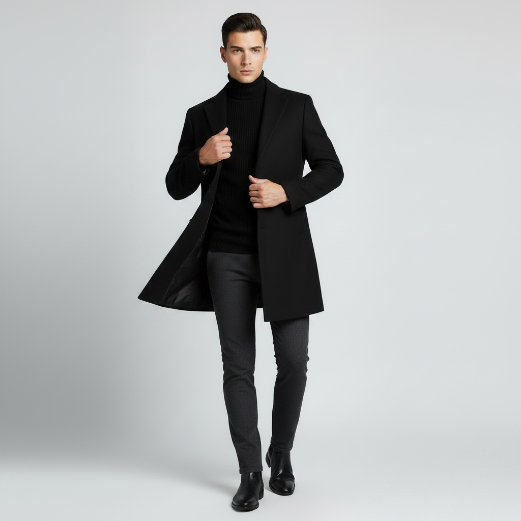 Men's Long Coat with Notched Lapel | Men's Overcoat