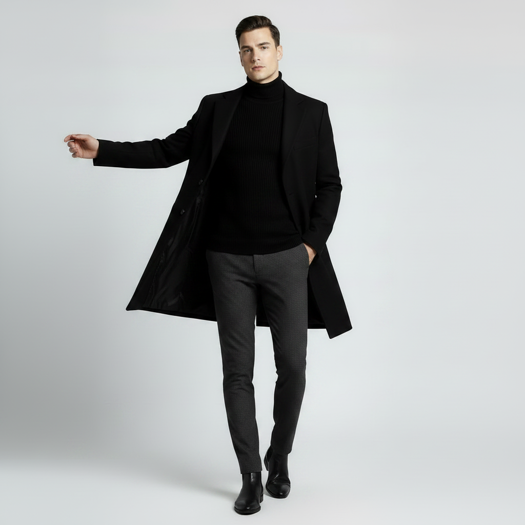 Men's Long Coat with Notched Lapel | Men's Overcoat