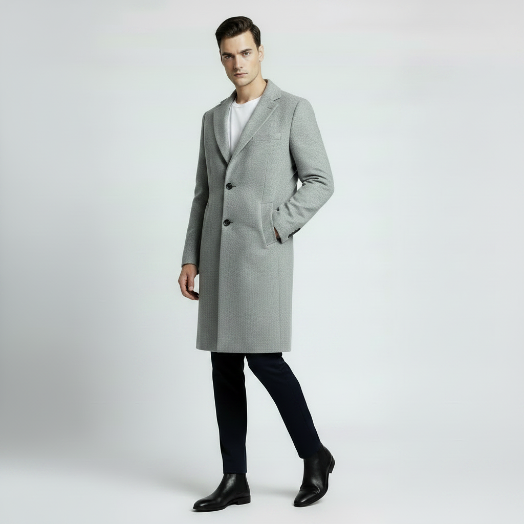 Men's Long Coat with Notched Lapel | Men's Overcoat