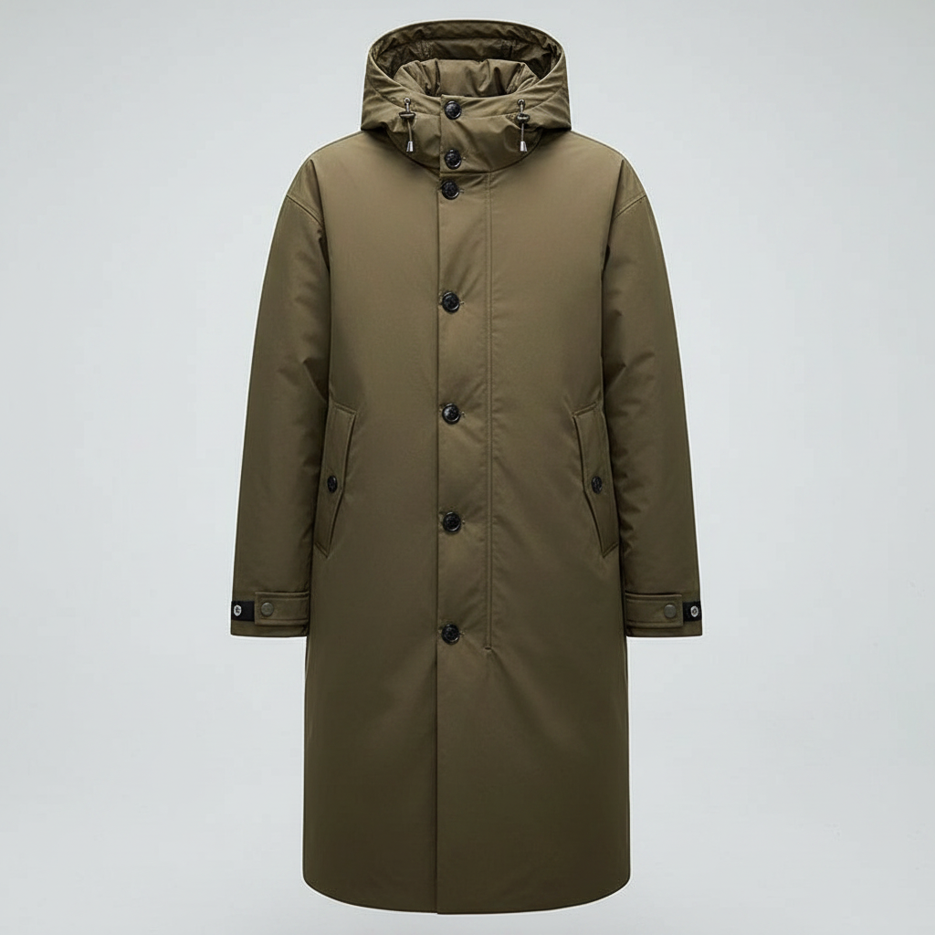 Men's Long Waterproof Puffer Coat with Hood | Stylish Trench Coat
