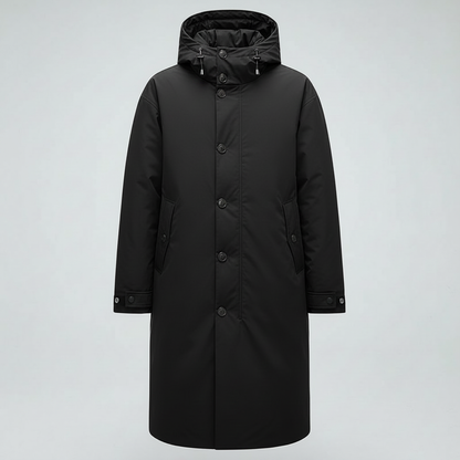 Men's Long Waterproof Puffer Coat with Hood | Stylish Trench Coat
