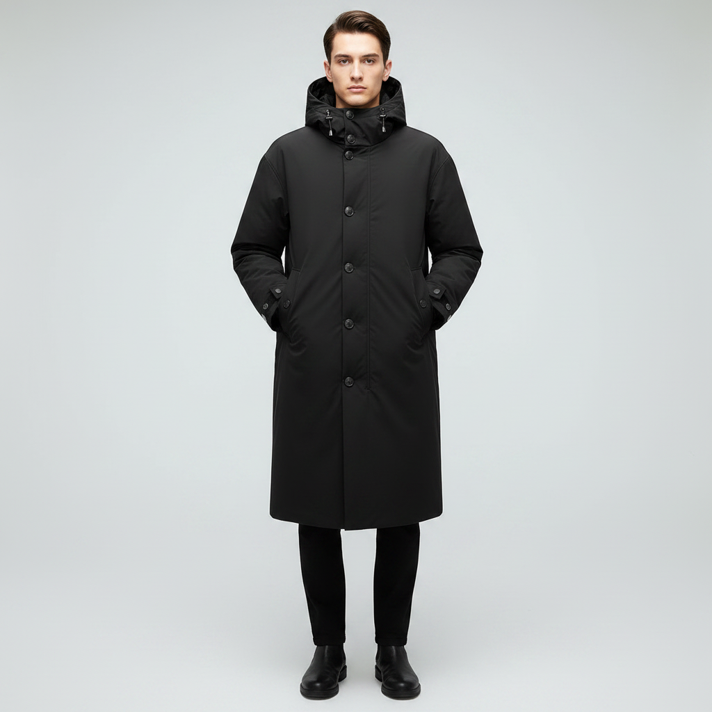 Men's Long Waterproof Puffer Coat with Hood | Stylish Trench Coat