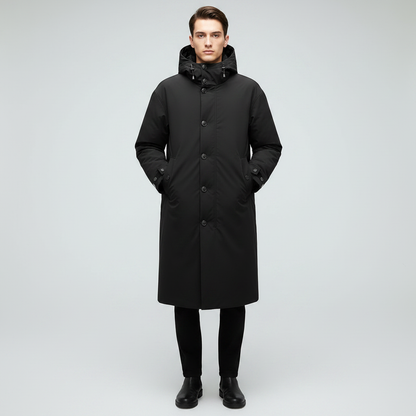Men's Long Waterproof Puffer Coat with Hood | Stylish Trench Coat