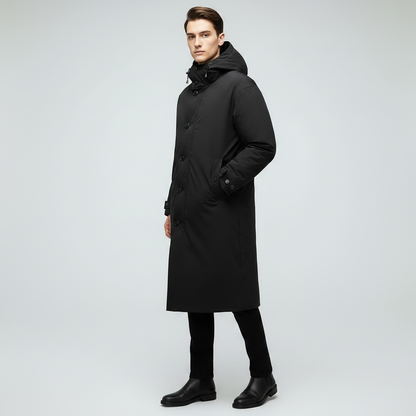 Men's Long Waterproof Puffer Coat with Hood | Stylish Trench Coat