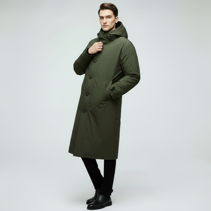 Men's Long Waterproof Puffer Coat with Hood | Stylish Trench Coat