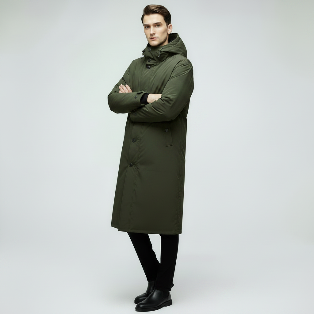 Men's Long Waterproof Puffer Coat with Hood | Stylish Trench Coat