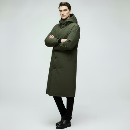 Men's Long Waterproof Puffer Coat with Hood | Stylish Trench Coat