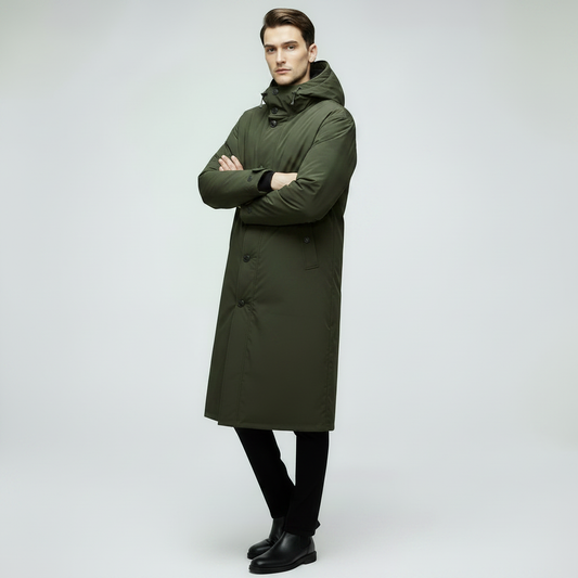 Men's Long Waterproof Puffer Coat with Hood | Stylish Trench Coat